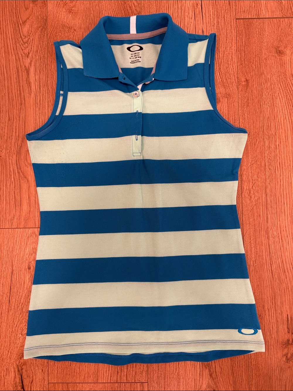 Oakley Golf Blue and White Striped Sleeveless Polo
